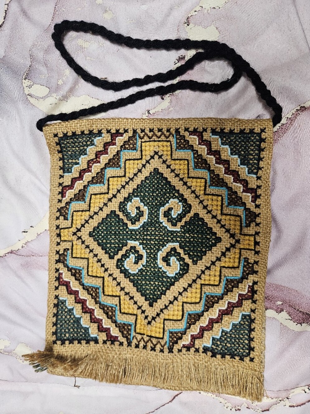 Hand Embroidered Boho Shoulder Bag – Geometric Tribal Pattern